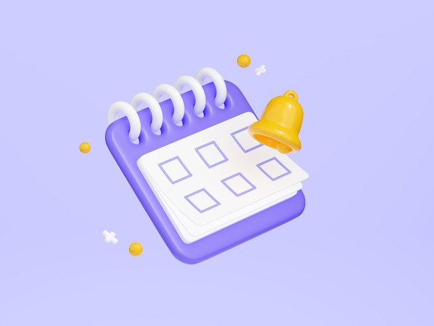 Lembrete no calendário 3d renderizar calendário roxo bonito com pontos de verificação vazios em papel branco e sino amarelo