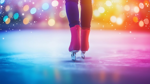 Foto leuchtend rote eislaufen gleiten anmutig auf der eisbahn mit weichen bokeh-lichtern, die einen magischen winter erzeugen