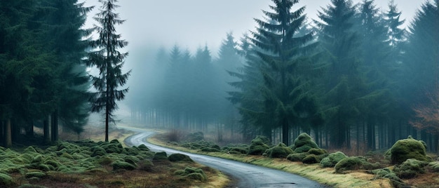 Foto licht am ende der leeren straße im nebligen wald