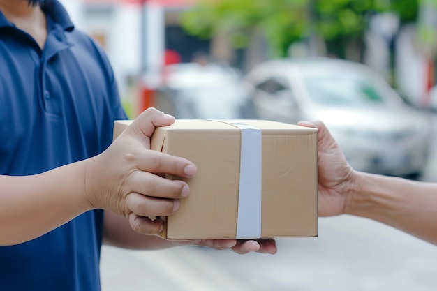 Foto lieferfahrer übergibt ein paket an den kunden vor der tür und vermittelt professionalität und freundlichkeit