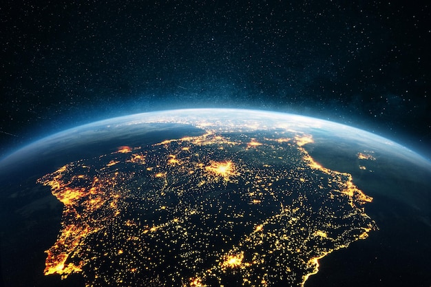 Linda noite azul no planeta Terra com as luzes das cidades - Espanha e Portugal, vista do espaço