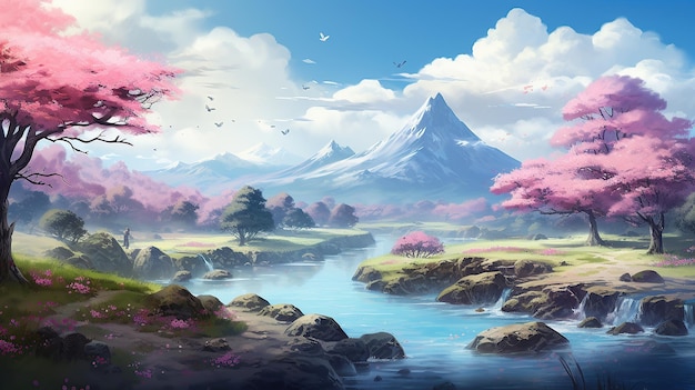 Linda paisagem de primavera de fantasia e fundo animado de árvore de cerejeira em aquarela de anime japonês Generative AI