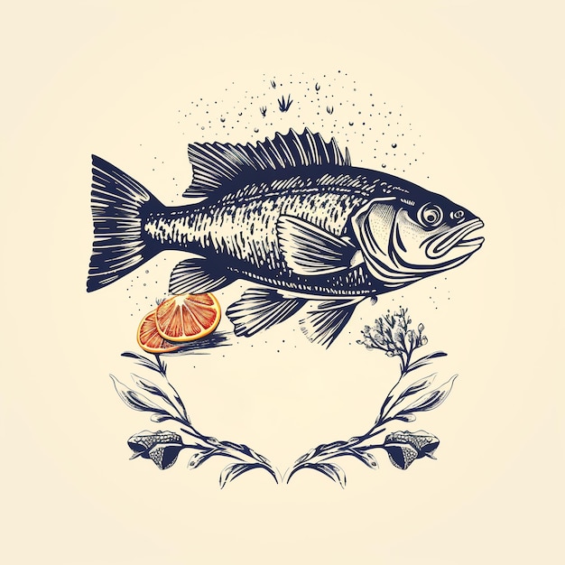 Logotipo de um restaurante de peixe ou conceito de loja de peixes de anúncios de frutos do mar de menu de comida mediterrânea e saudável