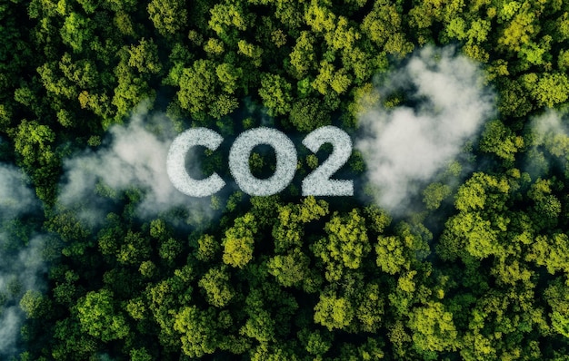 Foto luftansicht des co2-symbols über dem regenwald, der umweltprobleme hervorhebt