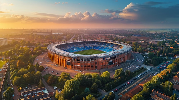 Foto luftansicht eines fußballstadions bei sonnenuntergang