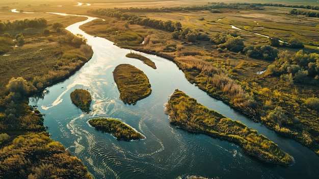 Luftaufnahme der unberührten wilden Flusslandschaft auf einem isolierten weißen Hintergrund