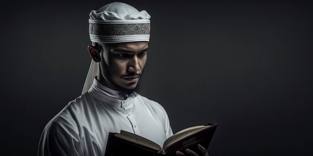 mann, der quran-pose hält und liest