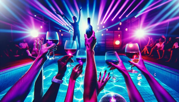 Foto mãos levantadas com copos de vinho e garrafas em luzes de discoteca púrpura e azul de néon em uma festa na piscina