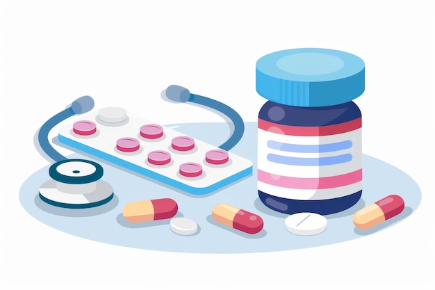 Foto medizinische vorräte und stethoskopen gesundheitsversorgung innovationskonzept vektor-illustration sauberes design med