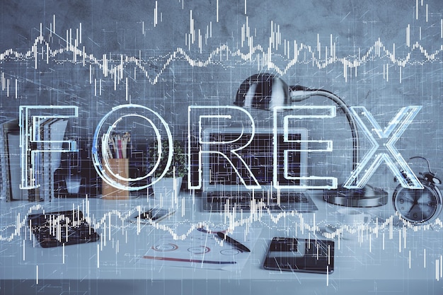 Mehrfachbelichtung von Diagramm- und Finanzinformationen und Arbeitsbereich mit Computerhintergrund Konzept des internationalen Online-Handels