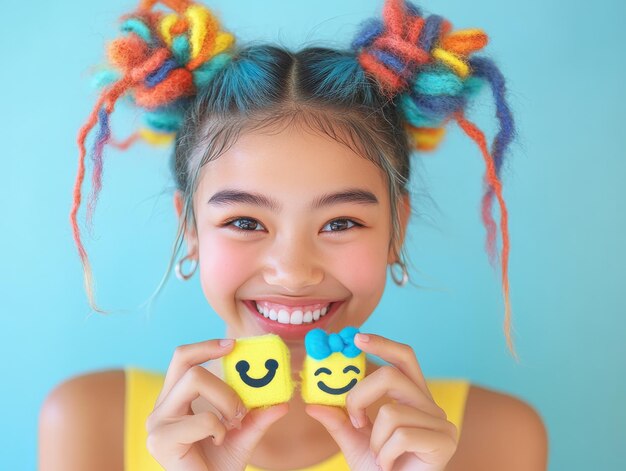 Menina sorridente com cabelos coloridos segurando emoticons de rosto sorridente