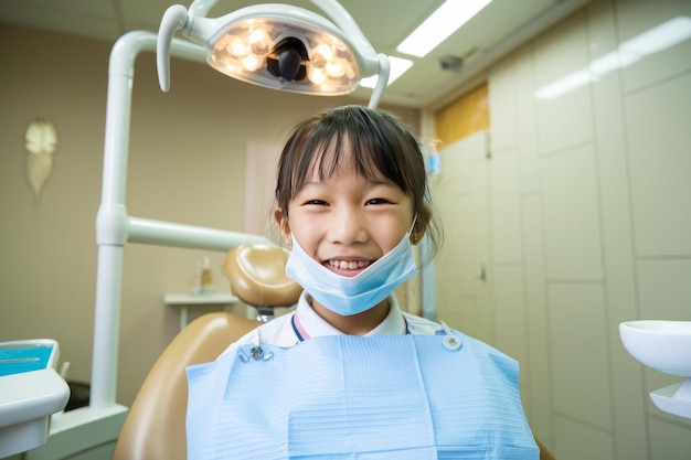 Foto menina sorridente na clínica dentária usando máscara facial