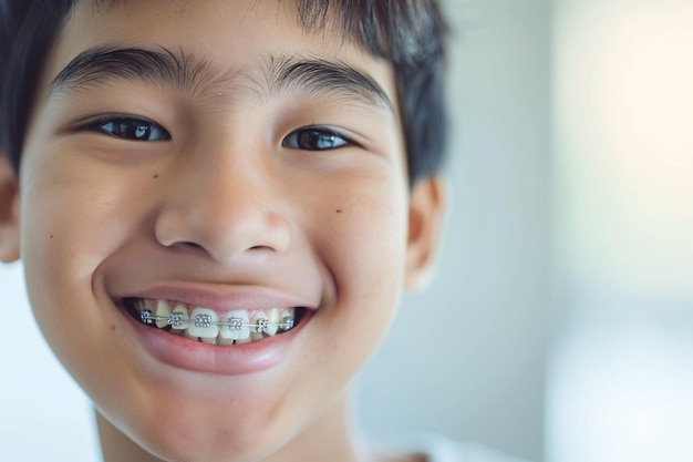 Foto menino adolescente asiático sorridente com aparelhos ortopédicos em close-up retrato de tratamento ortodôntico adolescente asiático