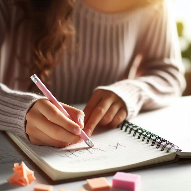 Foto menino apagando erro em seu caderno