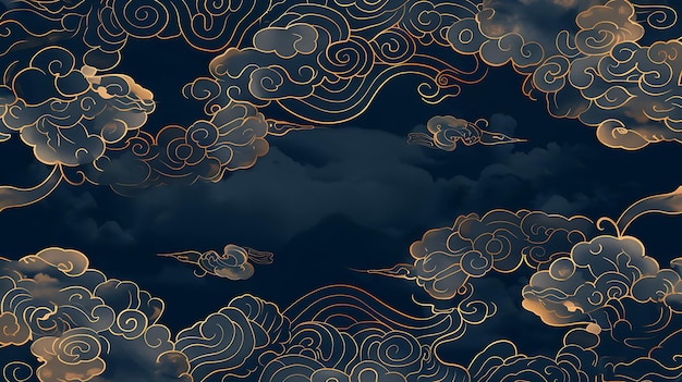 Foto minimalista fundo azul escuro com nuvens douradas estilo chinês