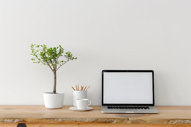 Foto minimalistischer arbeitsplatz mit laptop, kaffeetasse und bleistifthalter auf einem holzschreibtisch