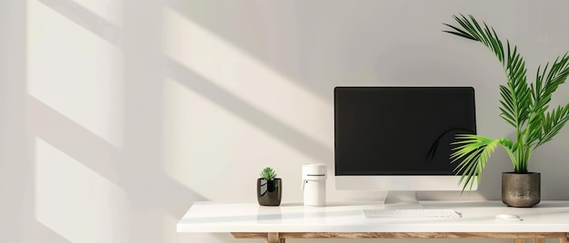 Foto minimalistisches heimbüro mit desktop-computer und topfpflanzen, natürliches licht, kopierraum