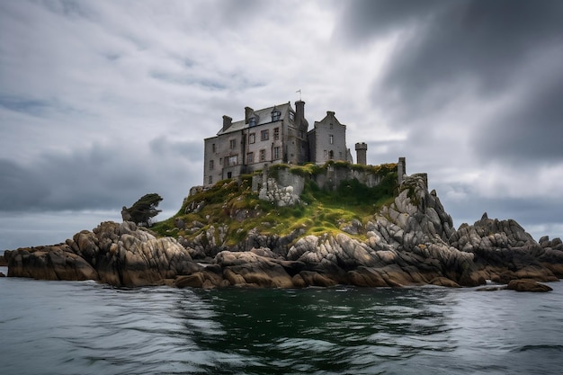 Mittelalterliche Burg auf einem Stück felsiger Insel mit bewölktem Himmel hinter generativer KI