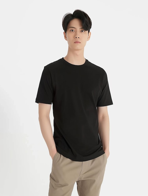 Foto modelo de camiseta um modelo masculino com cabelo preto vestindo uma camiseta preta simples de fundo branco