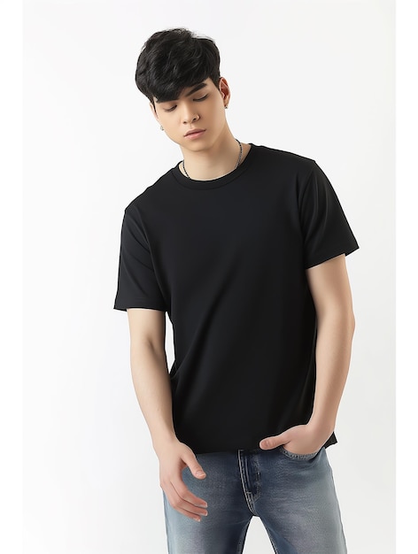 Foto modelo de camiseta um modelo masculino com cabelo preto vestindo uma camiseta preta simples de fundo branco