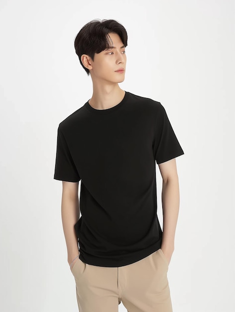 Foto modelo de camiseta um modelo masculino com cabelo preto vestindo uma camiseta preta simples de fundo branco