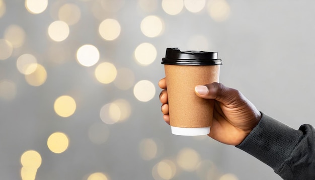 Modelo de mão masculina segurando um copo de papel de café isolado em fundo cinza claro