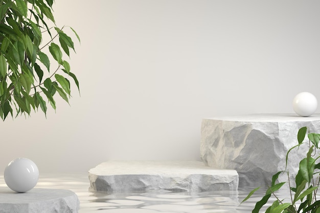 Moderne Mockup Rock Podium Stand Natur Konzept Wasser Flüssigkeit Wendekreis Pflanze 3d Illustration abstrakten Hintergrund