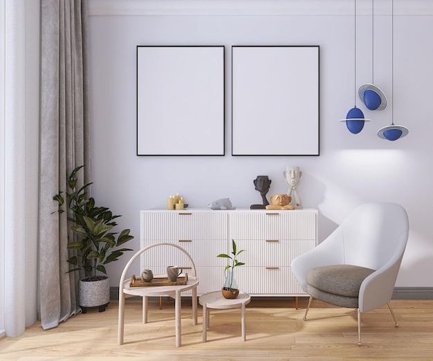 Moderne Wohnzimmer-Innenarchitektur mit Rahmenmodell mit zwei Plakaten