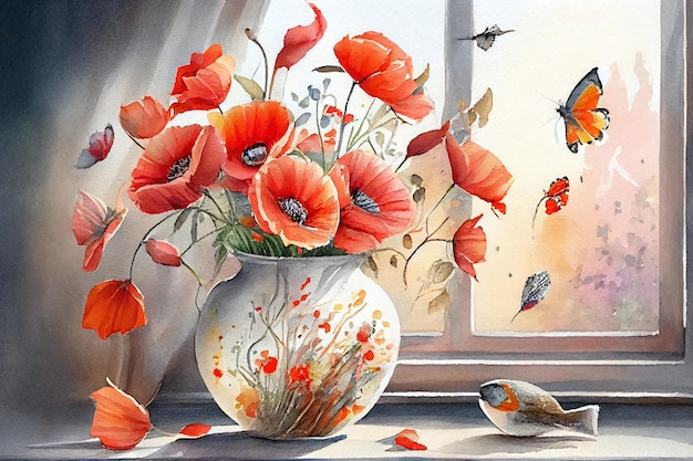 Mohnblumen-Vase-Fenster-Aquarell