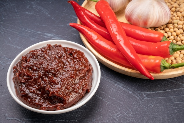 Molho picante coreano ou tempero misto coreano com pimenta vermelha em pó, alho e soja