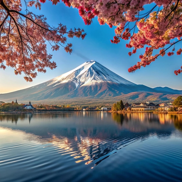 Foto montanha fuji e lago kawaguchiko, no japão, para o design da natureza cênica