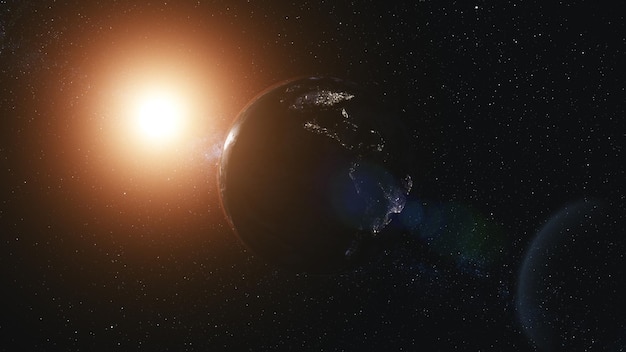 Motion Graph Planet Erde mit blau-braun-weißen Elementen umkreist die orange Sonne mit Halo-Eklipse in