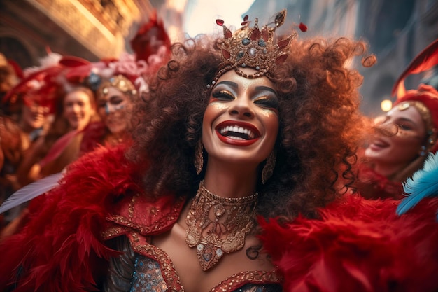 Mulher afro vestida com traje vermelho no carnaval de Veneza, Itália