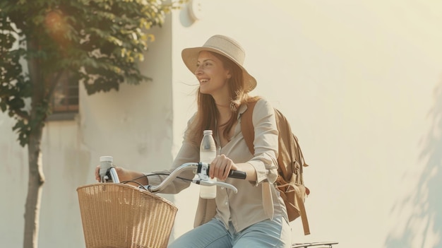 Foto mulher andando de bicicleta com uma garrafa de água reutilizável