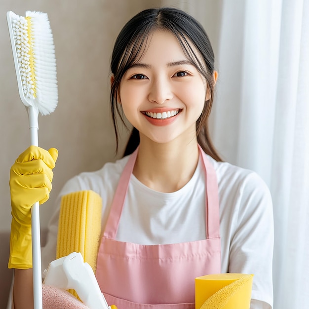 Foto mulher asiática sorridente com luvas amarelas segurando suprimentos de limpeza e esfregão na sala de estar