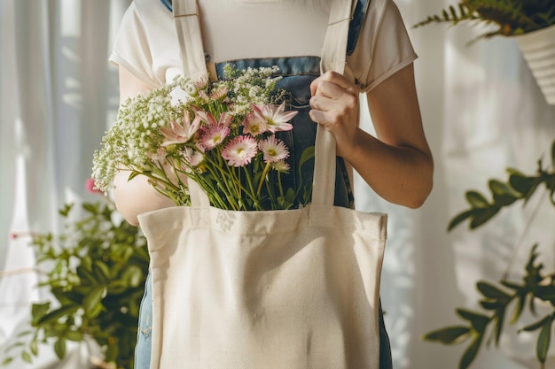 Foto mulher carregando um mockup de saco com flores