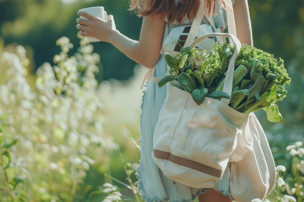 Foto mulher com saco ecológico de vegetais e caneca de café reutilizável