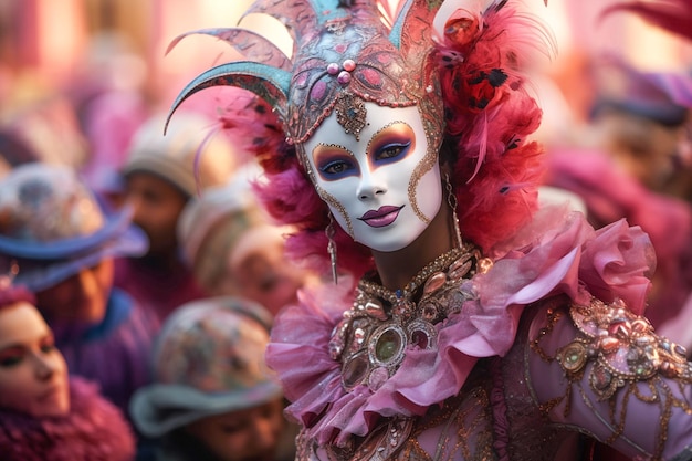 Mulher com traje roxo no carnaval de Veneza maquiagem colorida