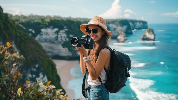 Foto mulher com uma câmera tirando fotos de uma baía oceânica