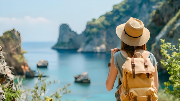 Foto mulher de aventura de verão com chapéu e mochila em viagem panorâmica