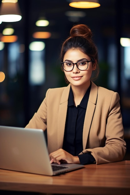 Mulher de negócios a trabalhar num portátil, mulher de trabalho feliz.