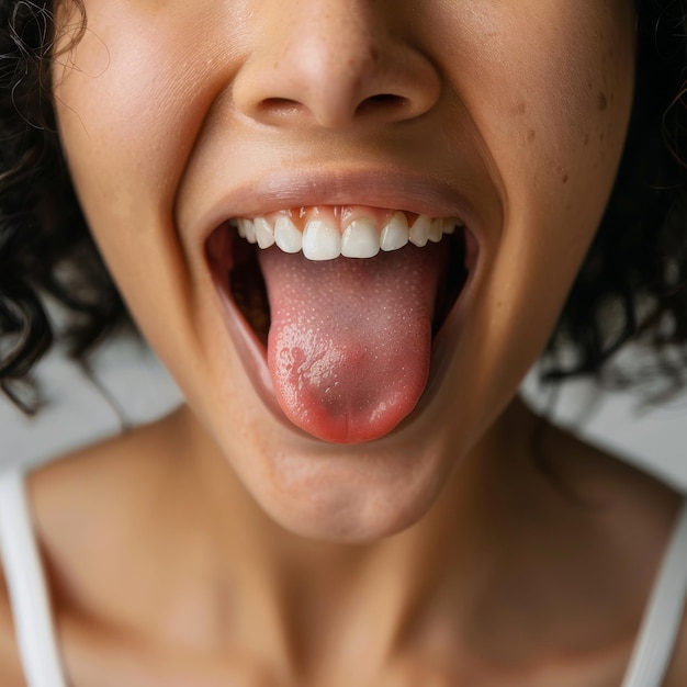 Foto mulher divertida mostra a língua retrato de jovem feliz rosto emocional positivo