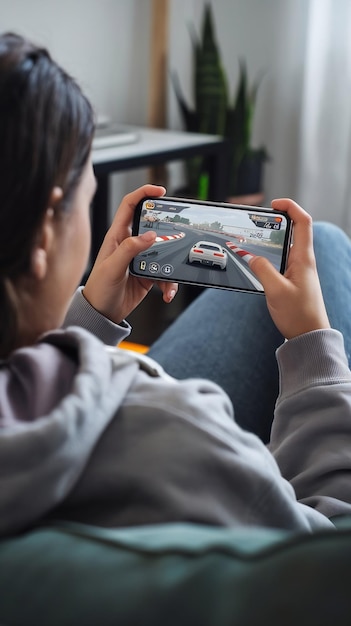 Foto mulher está relaxando em um sofá em casa jogando um jogo de vídeo de corrida interativo em seu smartphone