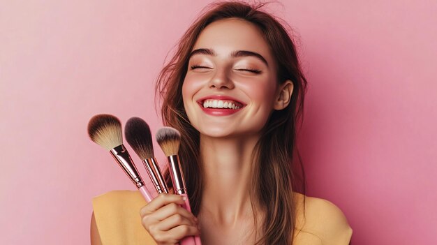 Foto mulher feliz com diferentes pincéis de maquiagem em fundo rosa