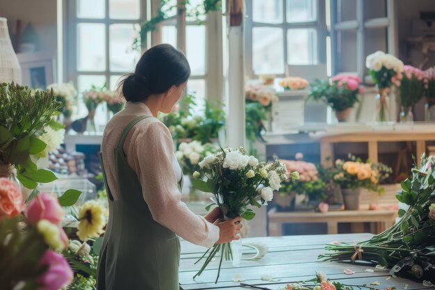 Foto mulher florista ocupada trabalhando em uma oficina de flores uma mulher florista fazendo arranjos florais em w