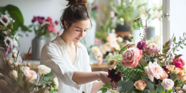 Foto mulher jovem artista floral no trabalho cercada de flores