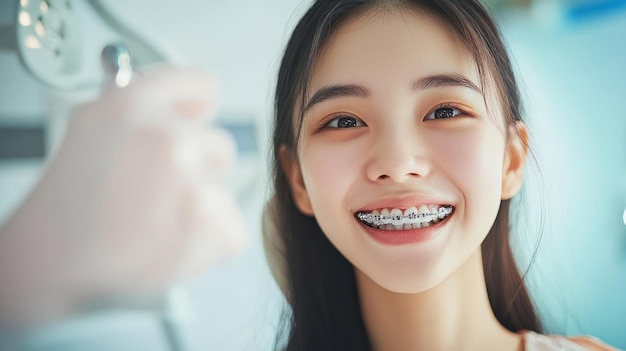 Foto mulher jovem com aparelhos ortopédicos sorrindo para a câmera