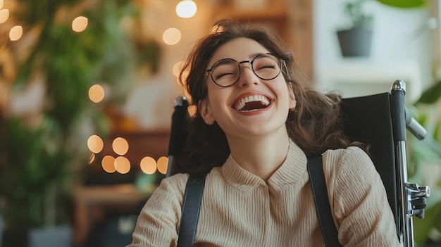 Foto mulher jovem com óculos em cadeira de rodas a desfrutar da vida ia generativa