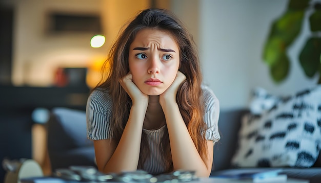 Foto mulher jovem pensativa com o queixo nas mãos