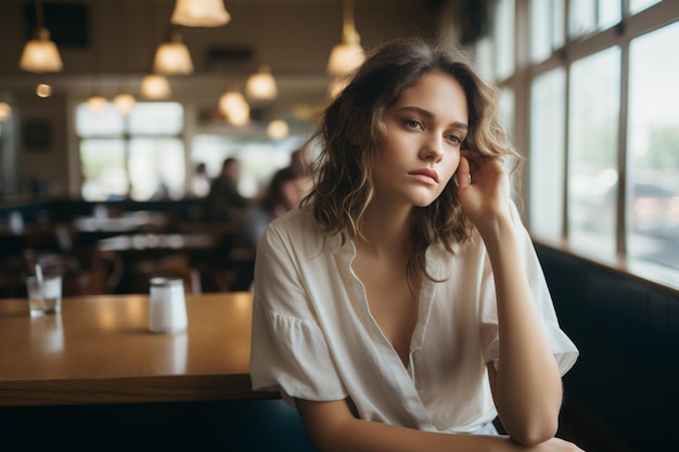 Foto mulher pensativa sentada sozinha em um restaurante na pausa para o almoço